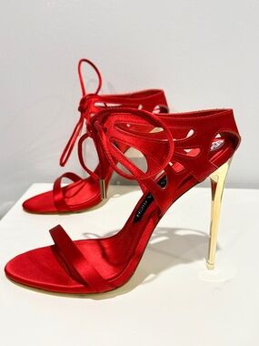 Jessica Rich So Expensive Red Satin Lace Up Heels 8.5